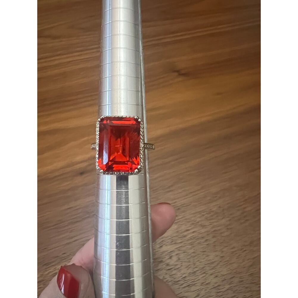 Sterling Silver Orange/Red Emerald Cut Ring Statement Bold Vintage Style 8.75 - Picture 5 of 8